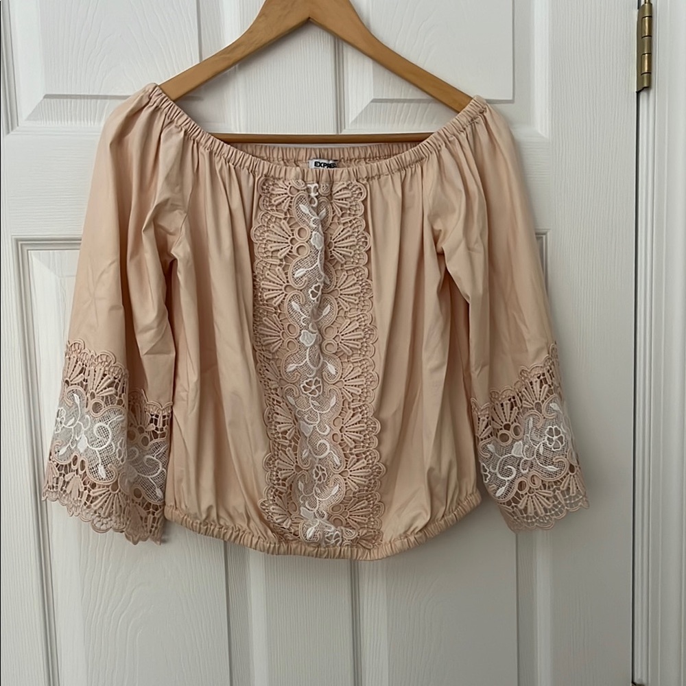 Express Elegant Beige Off-Shoulder Lace Top